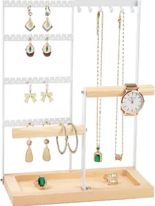 Jewelry Organizer Stand, Jewelry Holder, 4 Tier Earring Holder with 48 Holes and 6 Hooks Necklace Organizer Wood Box for Necklace Bracelet Earring Ring, White