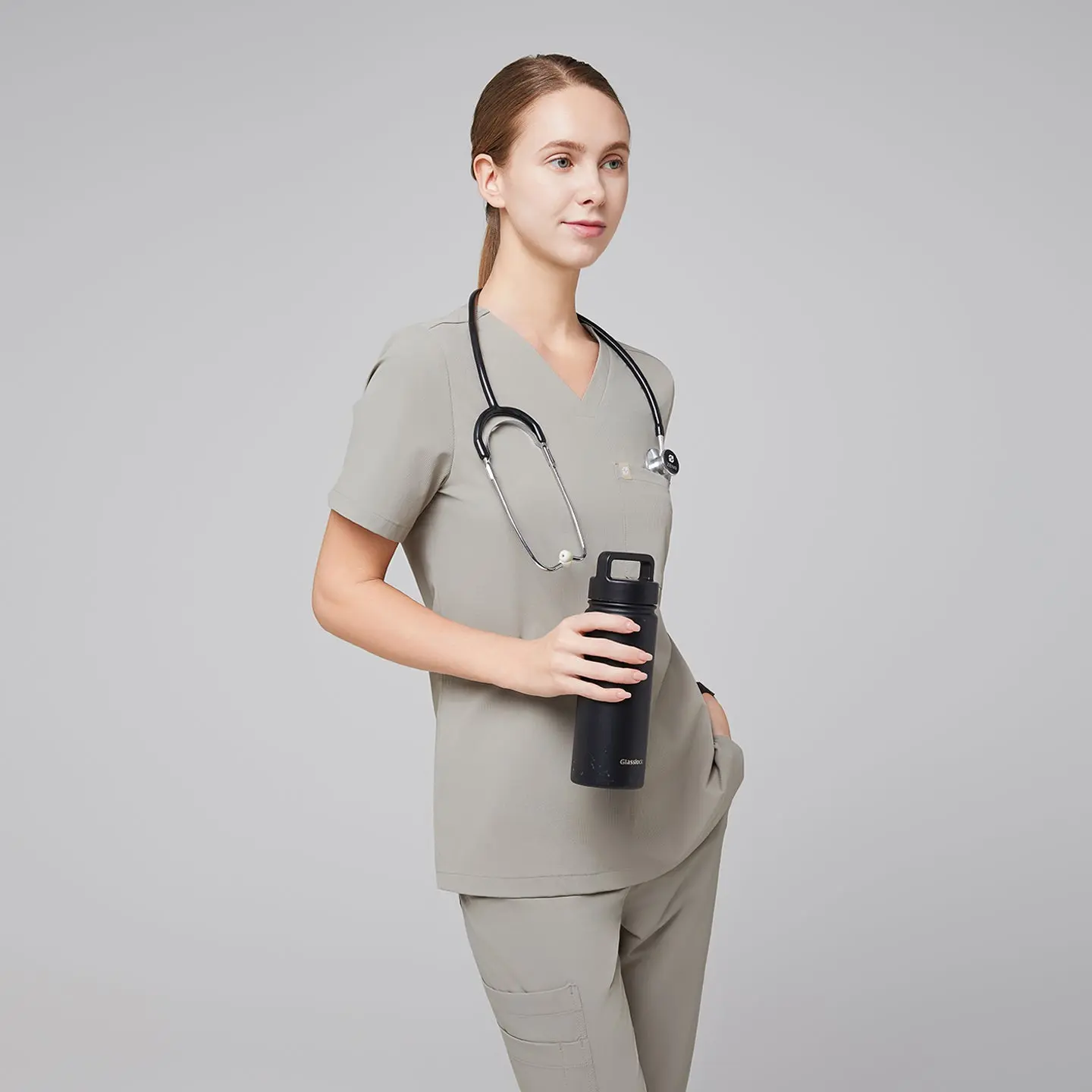 Zenir | Women's Single Pocket Scrub Top - Sand Khaki