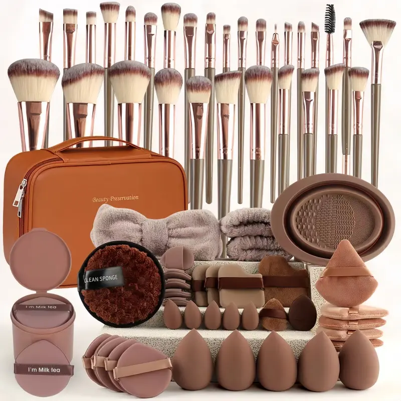 75-Piece Synthetic Makeup Brush Set - Coffee Brown Face/Eyes Kit with Sponges, Powder Puffs, Cleaning Tool, Travel Storage Case - Professional Beauty Tools for Beginners