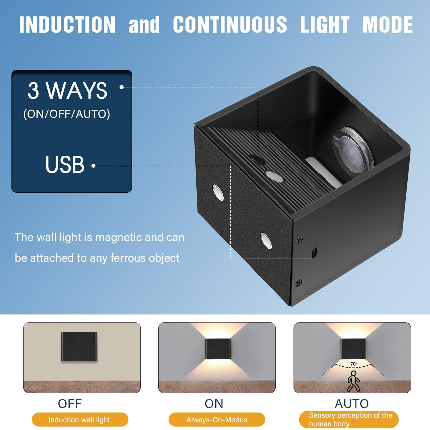 Rechargeable Wall Light with Motion Sensor Indoor LED Wireless Wall Lamp with Switch, 5W Wireless Wall Light USB Rechargeable Stair Light Battery, for Bedroom Living Room Hallway