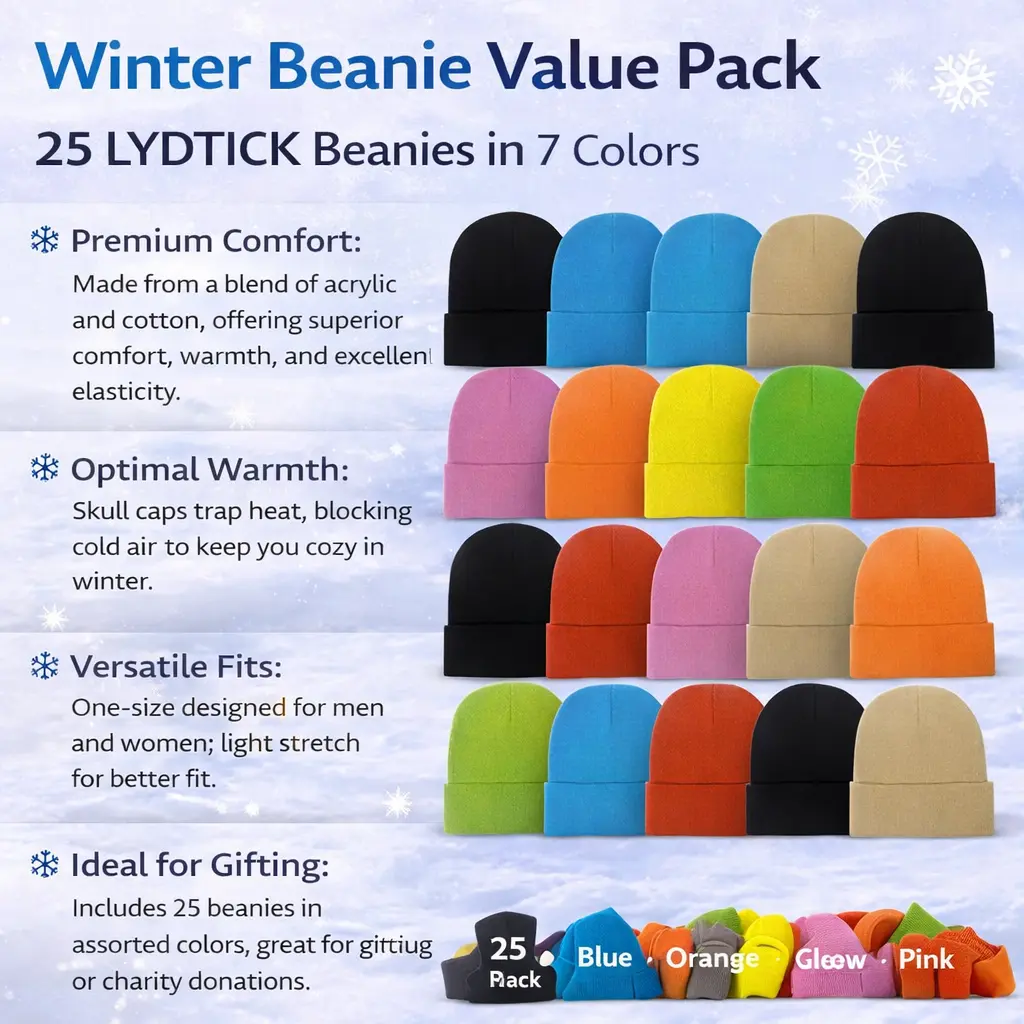 25 Pack Winter Beanies Bulk Lot – Assorted Knit Hats Wholesale for Resale, Donations, Cold Weather Gear