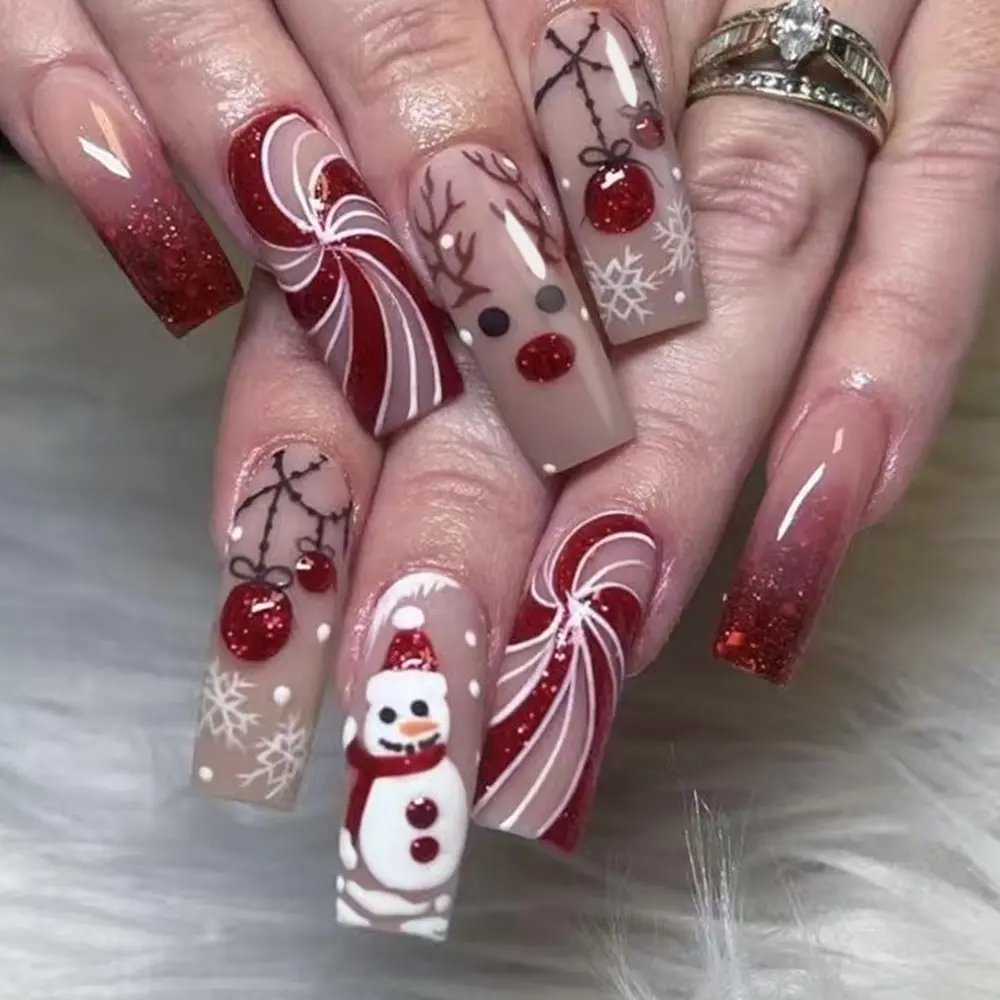 Christmas 24pcs Rectangle Gradient Press-On Nails, Snowman Deer Bow Apple Design, Acrylic False Nails for Women Girls, Nail Art Products