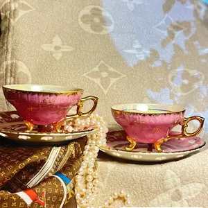 Elegant Pink Swirl Iridescent Tea Cup & Heart Cut-out Saucer Set - Romantic Gold Trim Porcelain