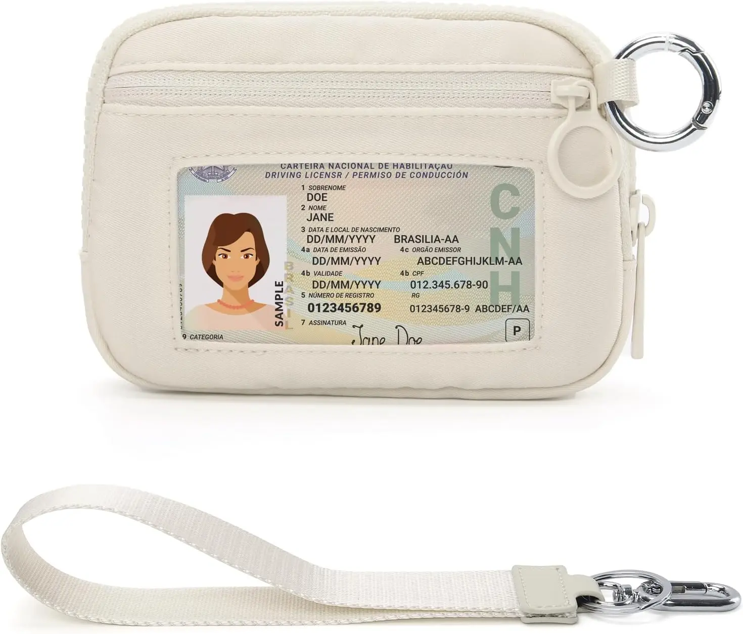 The Iris Wallet Zip Card Case with Keychain Wristlet ID Window Purses for Women Wrist Lanyard, Beige