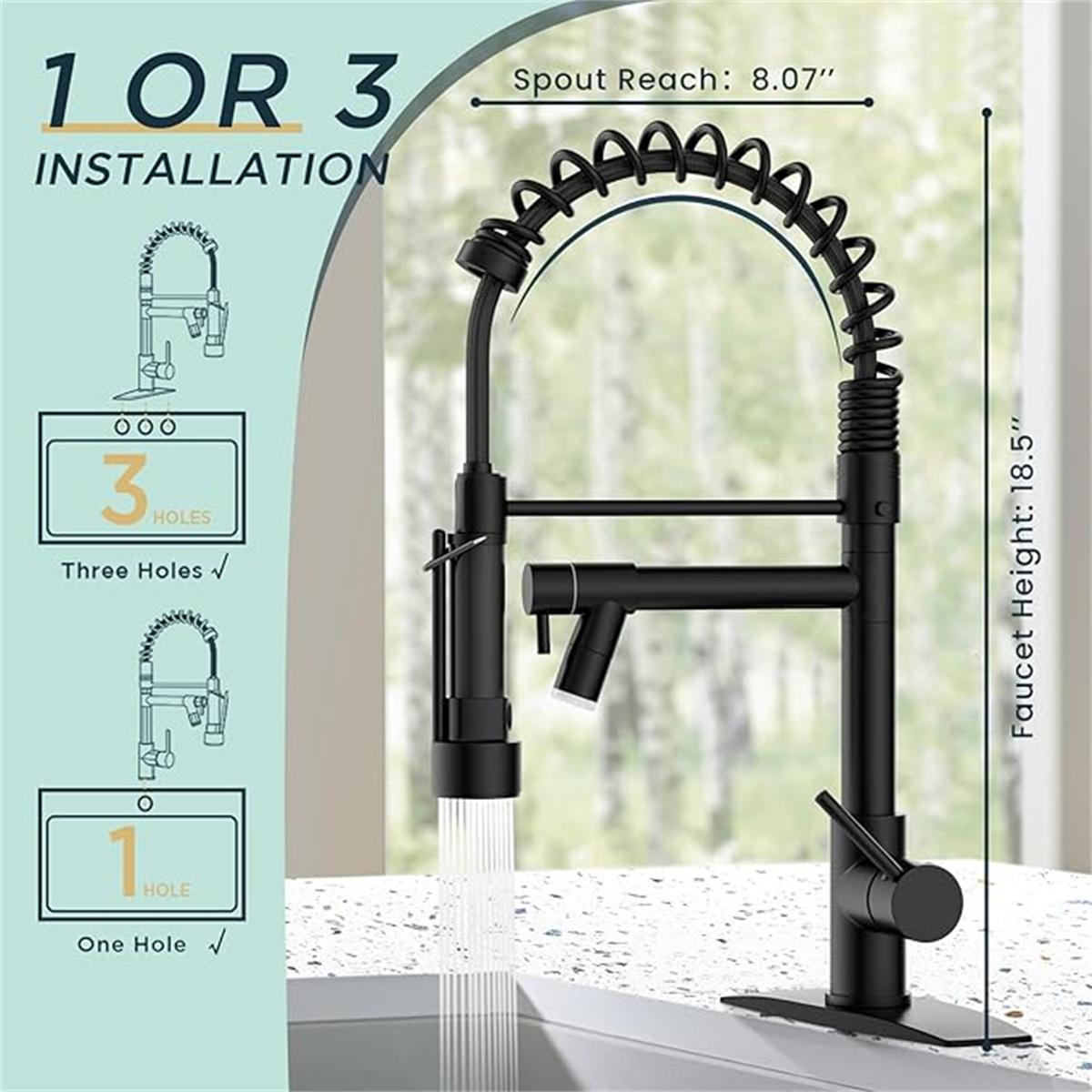 FORIOUS Commercial Spring Kitchen Faucet with Dual Heads & LED Stainless Steel Pull Down Sprayer Standard Aerator 360° Swivel Matte Black