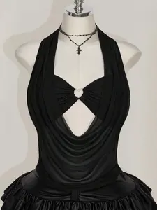 Hillary Plus Size Women's Solid Color Y2k Holiday Going Out Mesh Halter