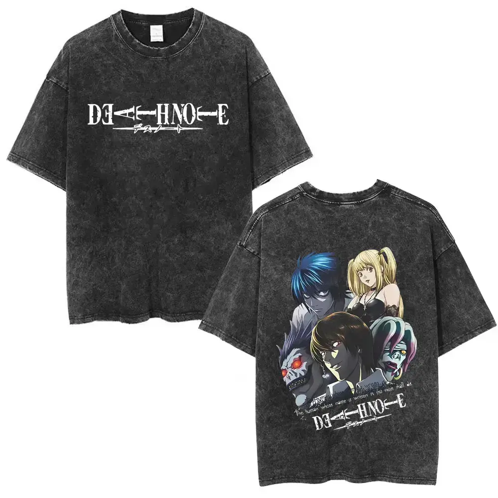 Washed Vintage Anime Death Note Ryuk Double Sided Print T Shirts Men Women Fashion Cartoon Street Oversized Crewneck T-shirts3