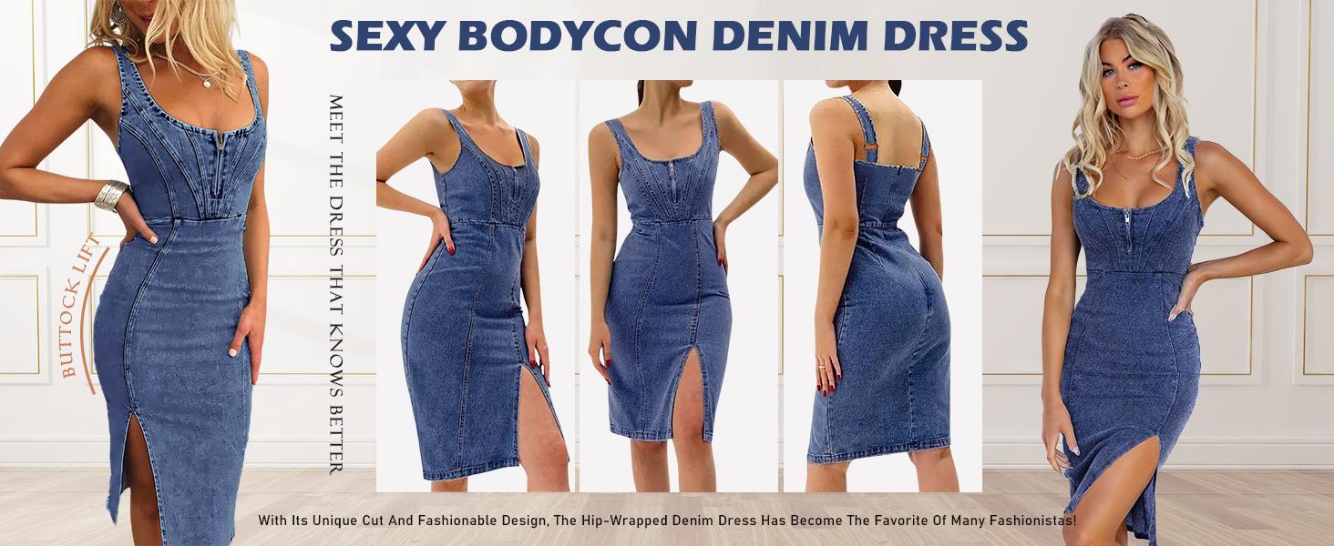 utcoco Denim Dress for Women Sleeveless Side Slit Bodycon Midi Jean Dresses for Women 2026 SpringStatements