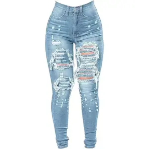 Women's high waisted plus size ripped jeans, ripped pants, elastic denim pants (gift)