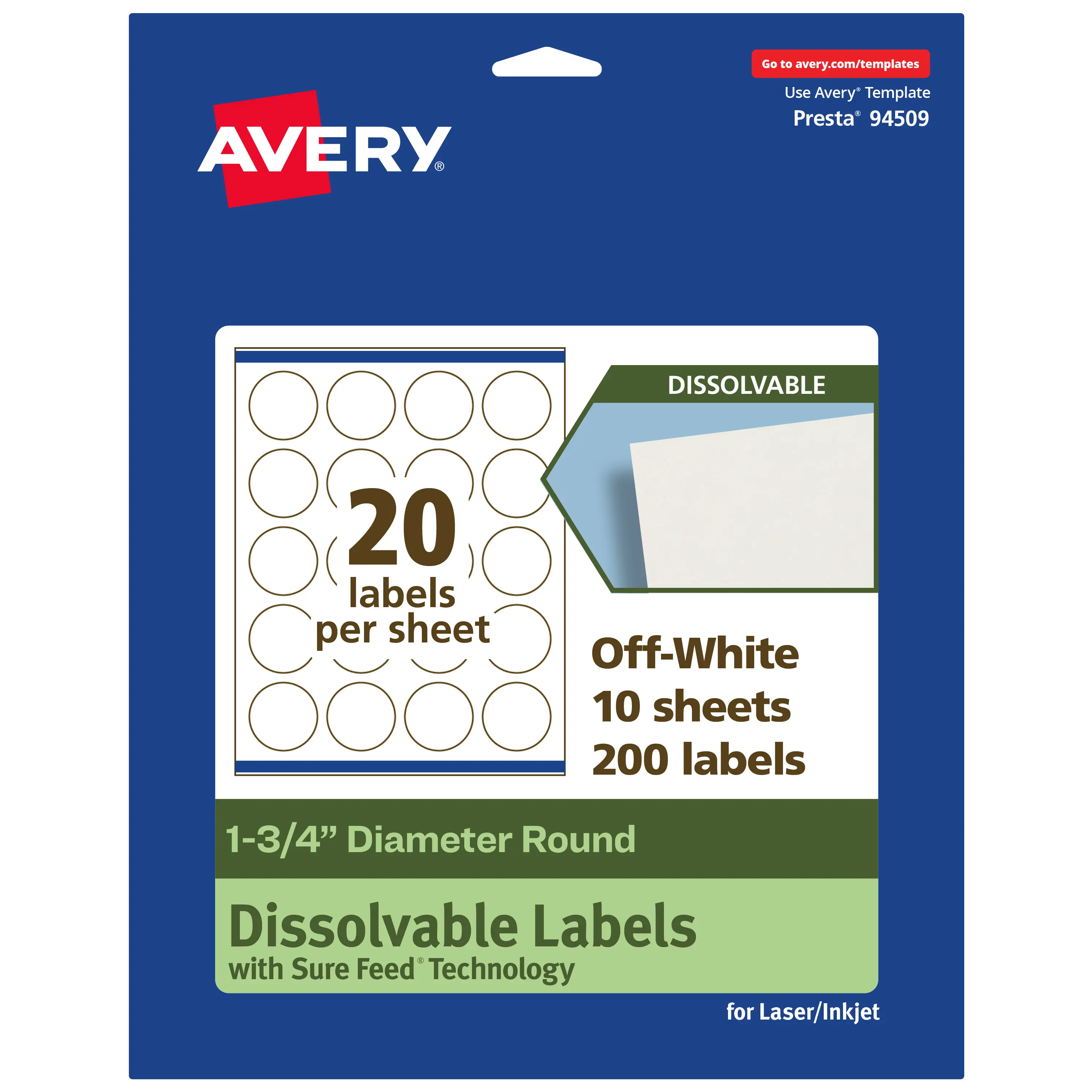 Avery Eco-Friendly Dissolvable Round Labels, 1.75" Diameter, Laser/Inkjet Compatible, Adhesive, Dissolves in 30 Seconds, Easy Cleanup, Business