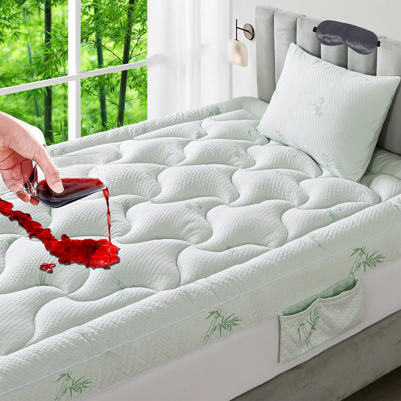 Bamboo Mattress Topper, 1000 GSM Mattress Pad with 1 Pillowcase & 1 Sleep Mask, Waterproof Mattress Protector, Breathable Fluffy Soft Mattress Topper with 8-21" Deep Pocket