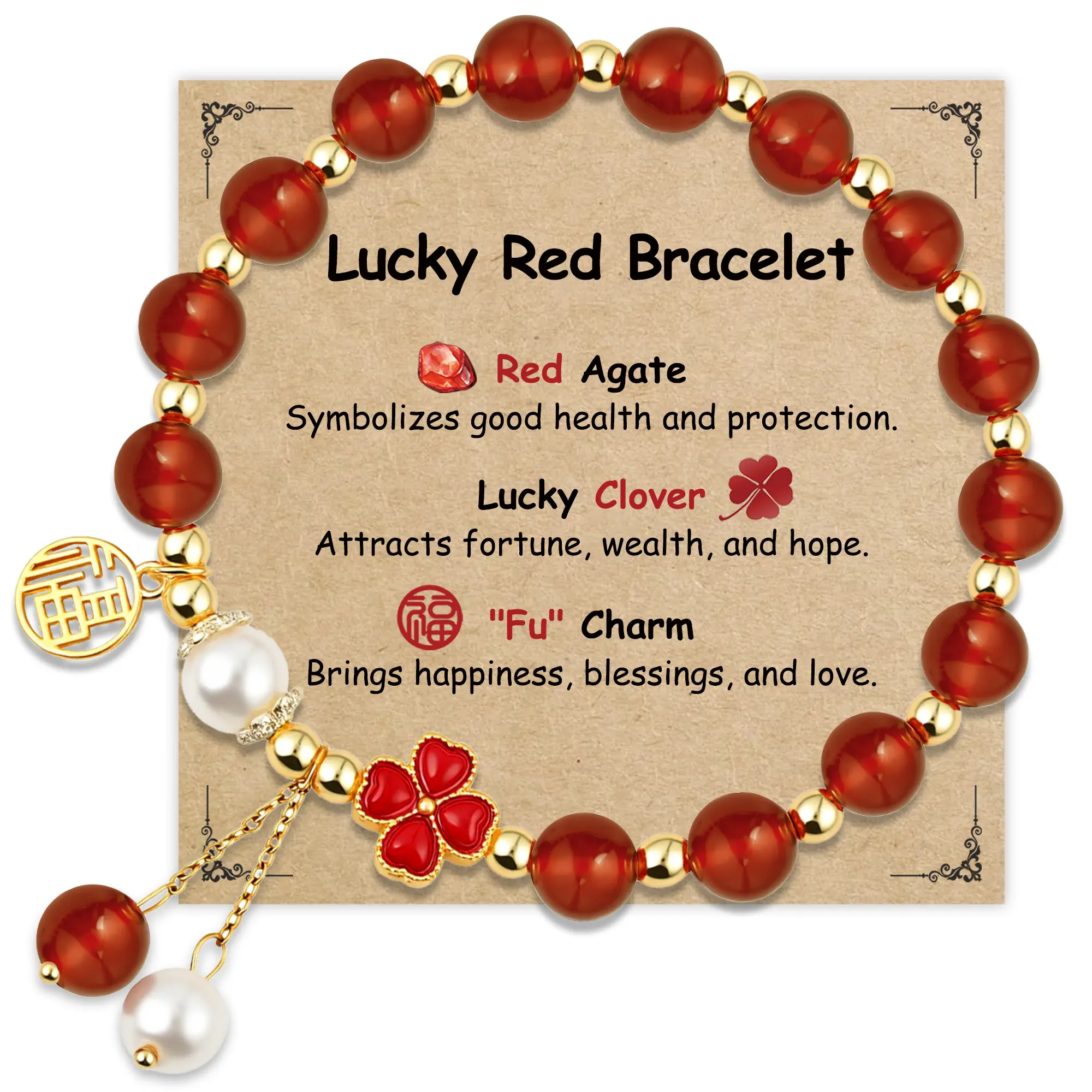 Women's Genuine Red Agate Beaded Bracelet with Clover Motif & Fu Protection Charm - Stretch, Layer-Friendly Crystal Jewelry Gift, Crystal Beads, Genuine Stones jade, Gift Ideas, Dainty, Gift-Ready