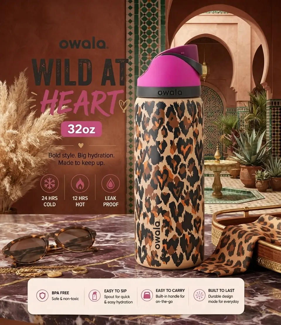Owala Wild At Heart 30oz FreeSip Sway Water Bottle – Leopard Print Stainless Steel Leak Proof BPA Free
