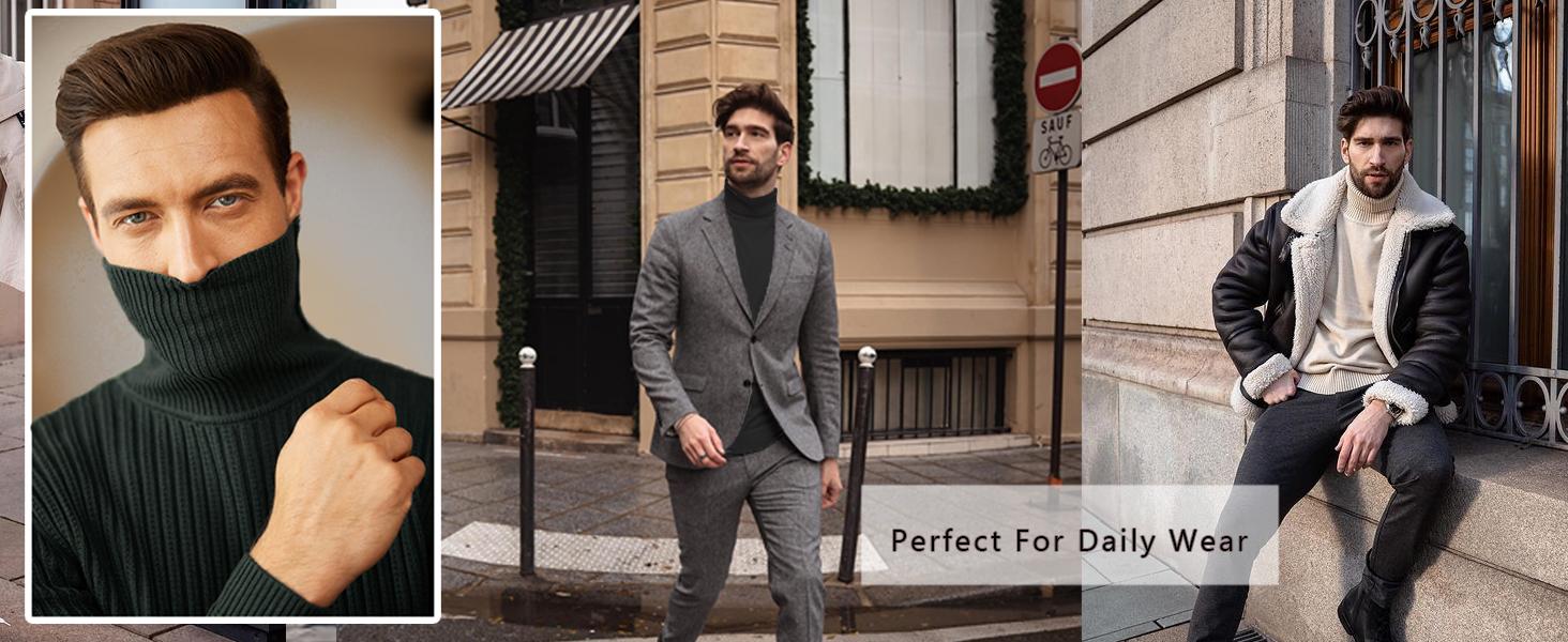 Coofandy Fall Outfits Men's Knitted Ribbed Turtleneck/High Neck Slim Fit Basic Sweater - Best Choice in Winter Casual Fabric Knitwear Menswear Soft Jacket Jeans Long Outdoor Pullover Suit   Long Sleeve Thick