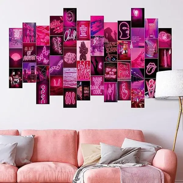 50-Piece Wall Collage Kit:Aesthetic Pink Neon Posters for Room, VSCO Style Photo Wall Art & Artistic Prints. VSCO Girl Bedroom Decor Gift Set Landscape
