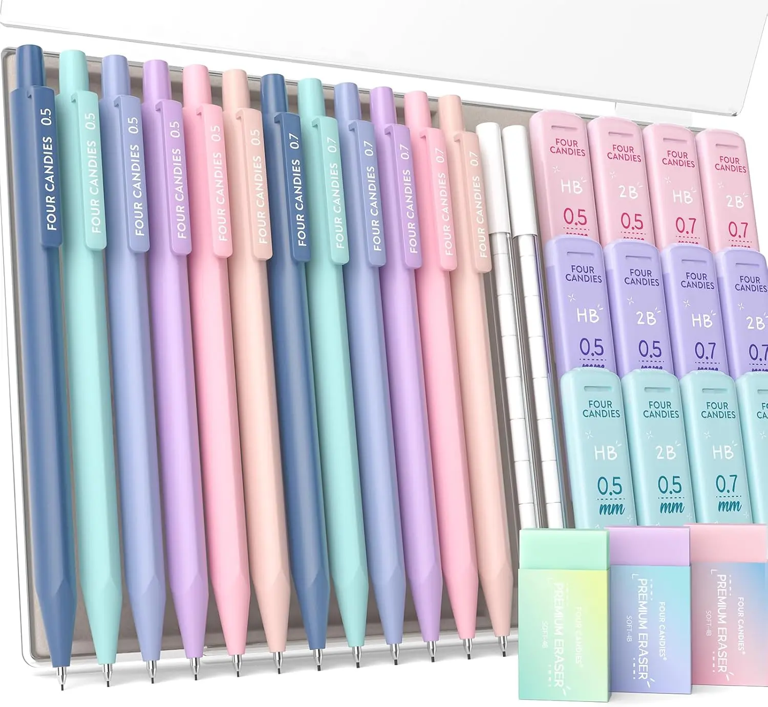 [Back to School Haul] 12PCS Pastel Mechanical Pencil Set (0.5-0.7mm, HB/2B) with Case, 720 Refills, 21-Piece Pastel Eraser Set - First Day of School College Supplies, Student Essentials, Teen Girl Gifts, School Shopping