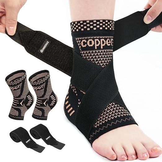 2PCS Copper Ankle Brace Adjustable Compression Sleeve (Pair)-Ankle Brace for Women & Men, Ankle Compression Sleeve Support Copper Infused Ankle Brace for Sprained Ankle, Plantar Fasciitis Sports, Achilles Tendonitis Pain Relief, Copper Black,
