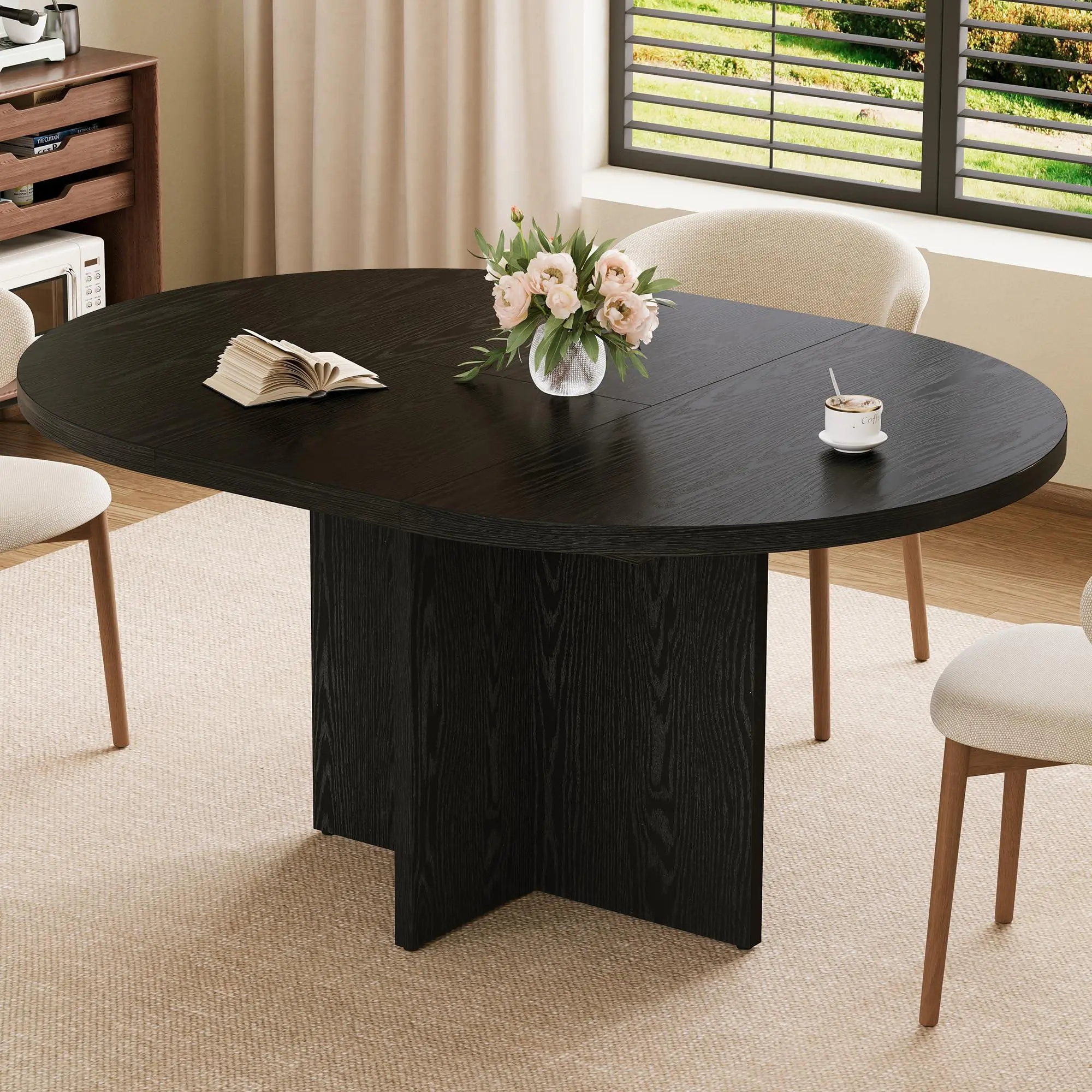 43.3''-59'' Extendable Round Dining Table for 4-8,Modern Kitchen Oval Dining Table with Removable Leaves,Dinner Table for Dining Room, Kitchen, Black