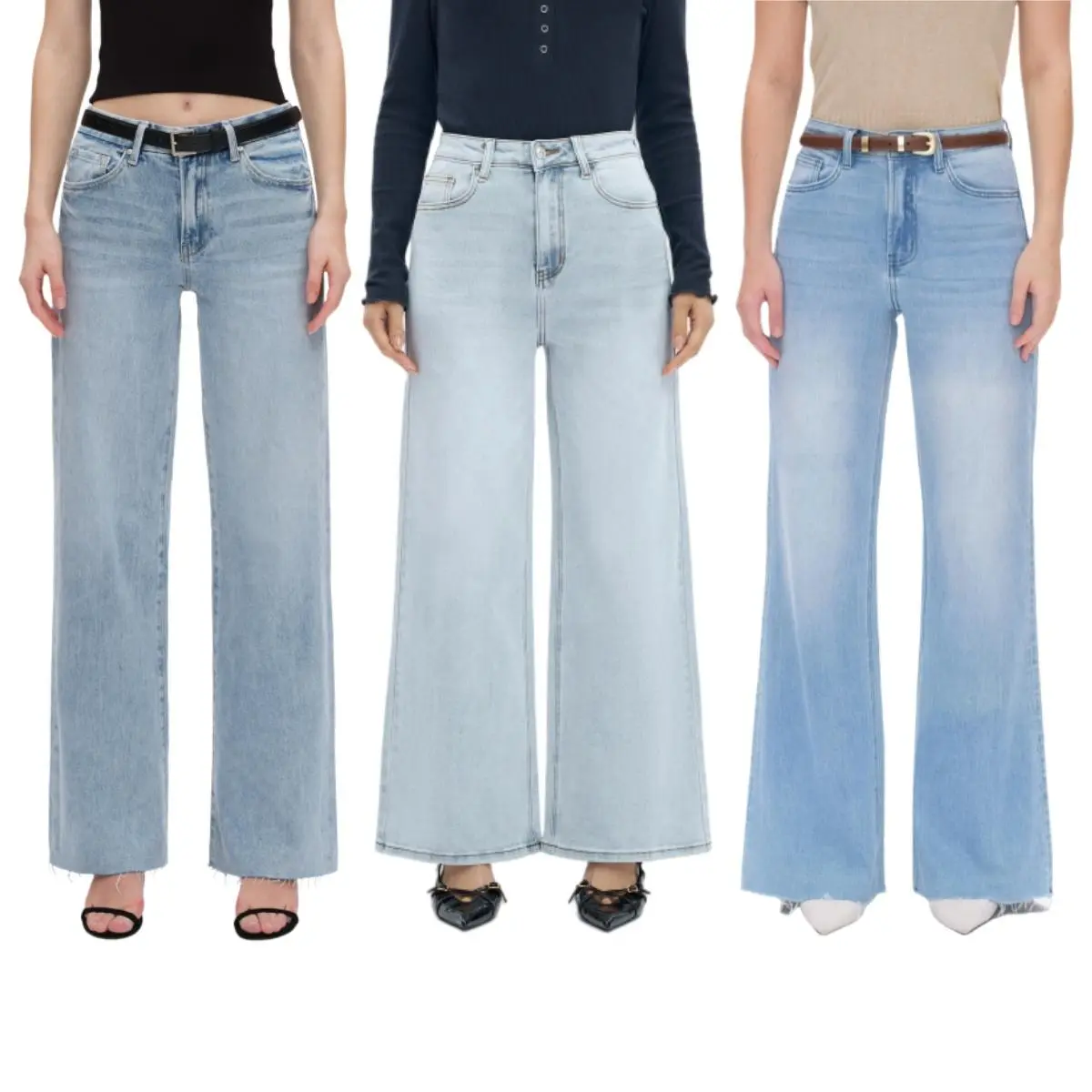 Vogatiques Wide Leg Jeans High Rise Mid-low Waist Stretchy Baggy Jeans With Raw Hem Curvy Denim Pants Tummy Control BBL