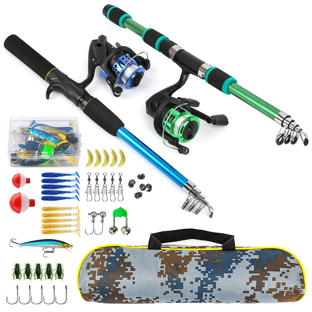 Glass Fiber Fishing Rod Set, 2-Piece Retractable Sea Pole Combo with Reel, Lures Hooks Accessories, Camo Storage Bag, Freshwater Saltwater Use, Telescopic Fishing Rod, Fishing Gear
