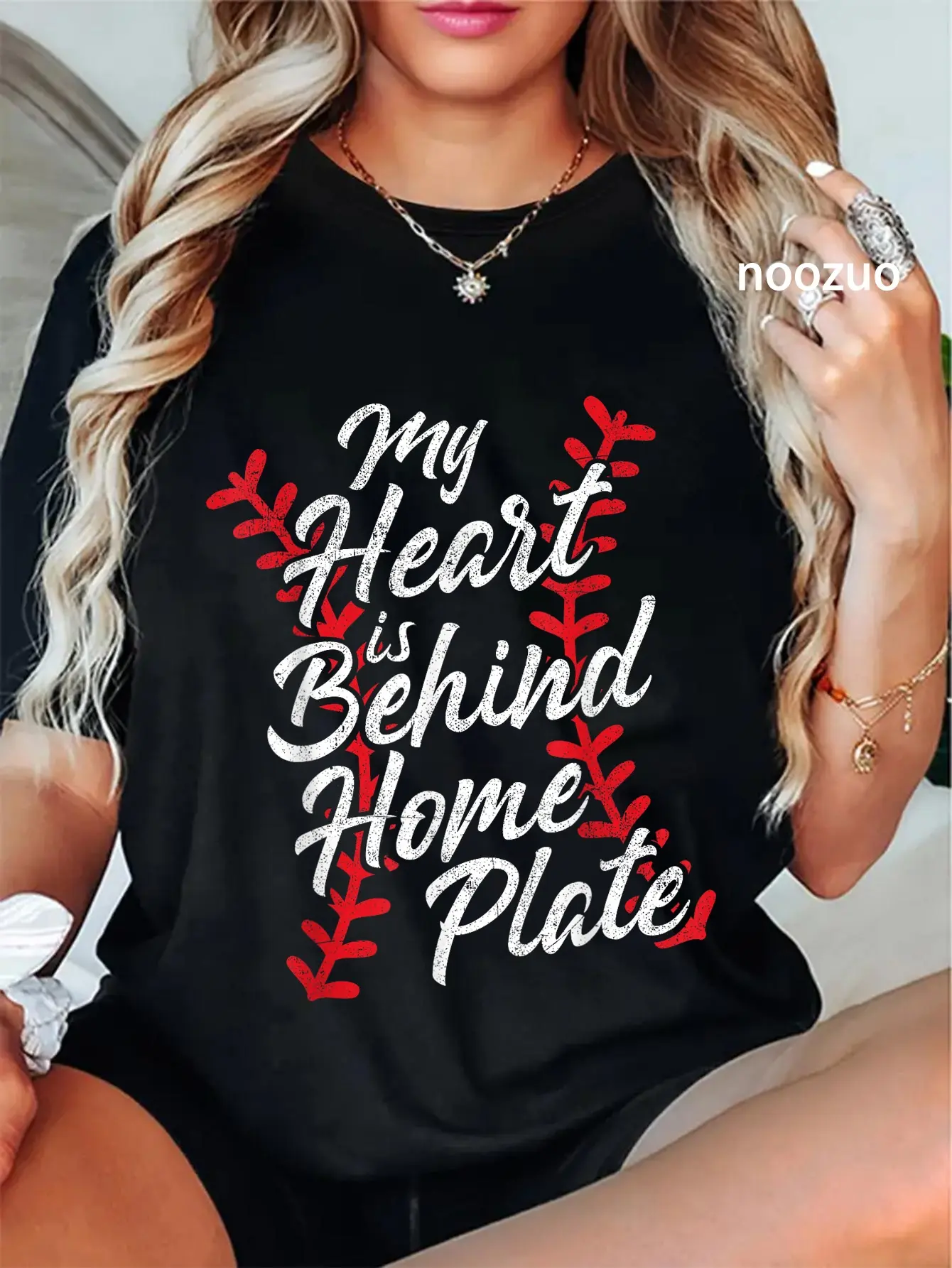 100% Cotton My Heart Is Behind Home Plate Baseball Laces Catcher Cute T-Shirt