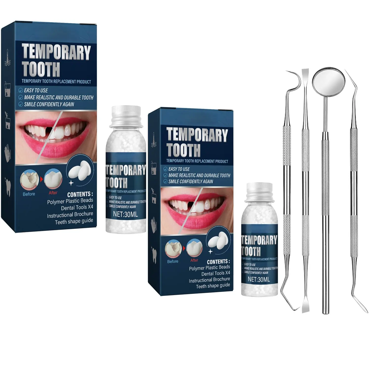 2 Pack Tooth Repair Kit, Moldable Tooth Filling Repair Kit with 4 Dental Tool, Dental Care Kit Fixing The Missing and Broken Replacements, DIY Natural Filling Fake Teeth,Smile Confidently Again