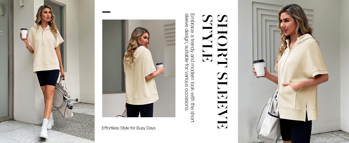 FISOEW Womens Oversized Half Zip Hoodies Short Sleeve Casual Sweatshirts Pullover Tops with Pockets Leggings Loose Aesthetic parke mockneck sweatshirt comfort sweatshirts denim tear hoodie FallFreshness #Springtok #TikTokShopJumpstartSale