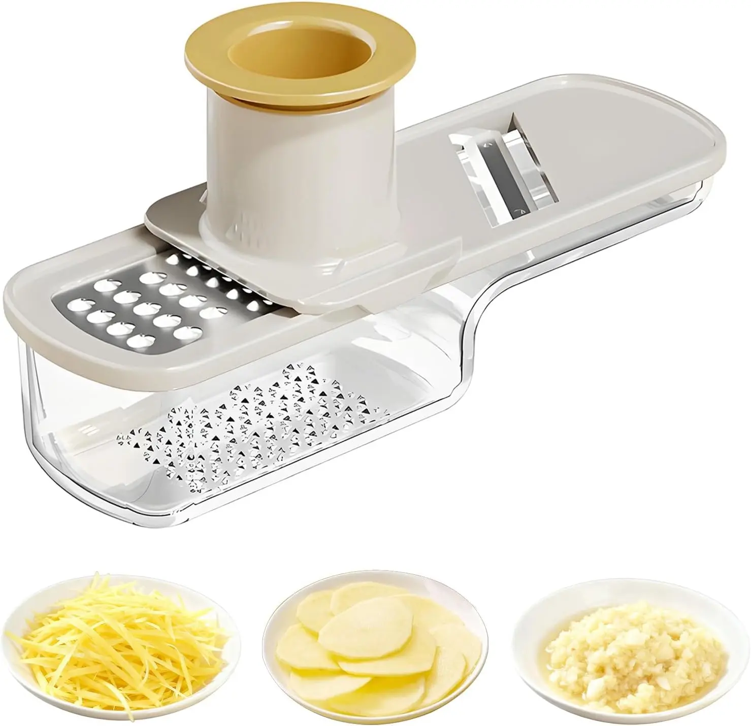 1-Piece Stainless Steel Garlic Grinder Utensil - 3-in-1 Dicer Cutter Grater, Vegetable Grater Kitchen Supplies with Slicer, Shredder, Hand Guard, Transparent Box, Blade Storage, Safe Food Slicing Tool Easy to Use & Clean