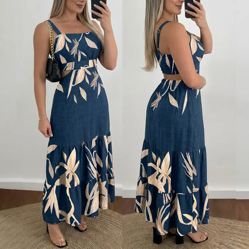 CHICME Women's Plants Placement Print Adjustable Straps Cutout Waist Shirred Back Maxi Dress With Adjustable Straps/Summer Dress Casual Cinched Waist Ruffle Hem Vacation Dress