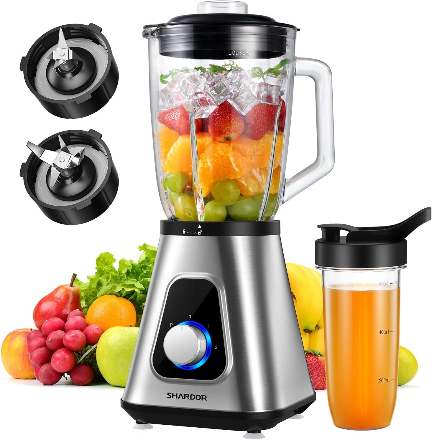 SHARDOR Blender for Shake and Smoothies, Powerful 1200W Countertop Blender, 52oz Glass Jar, for Frozen Fruit Drinks, Smoothies, Sauces & More, Silver Home Multifunction Juicer