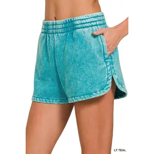 Zenana Acid Washed Elastic Waistband Dolphin Shorts