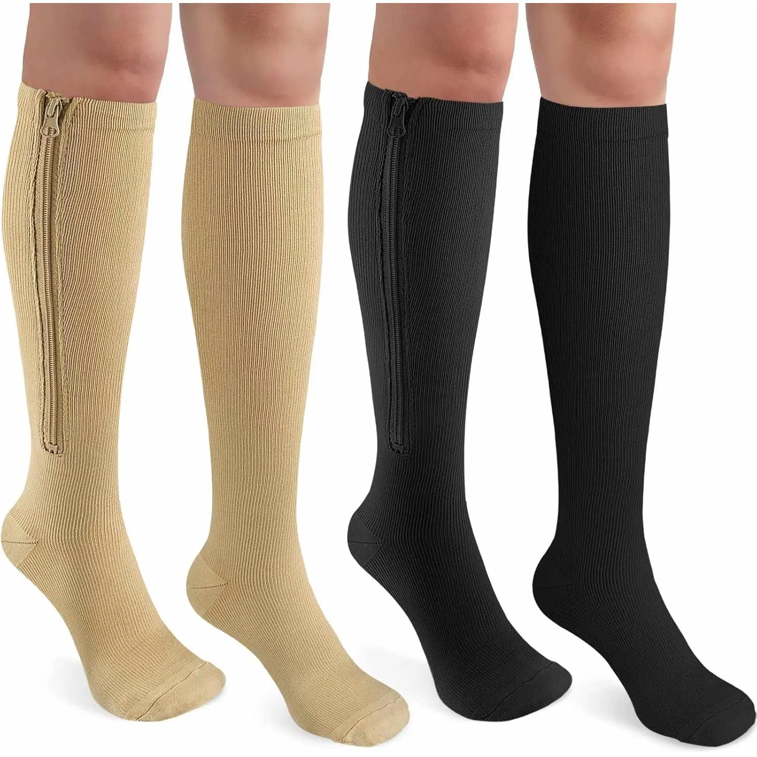 2 Pairs Knee High Compression Stockings with Zipper for Men & Women, 15-20 mmHg Closed Toe Support for Edema & Varicose Veins, Knee Socks, Fast Shipping, Adults, Male, Home