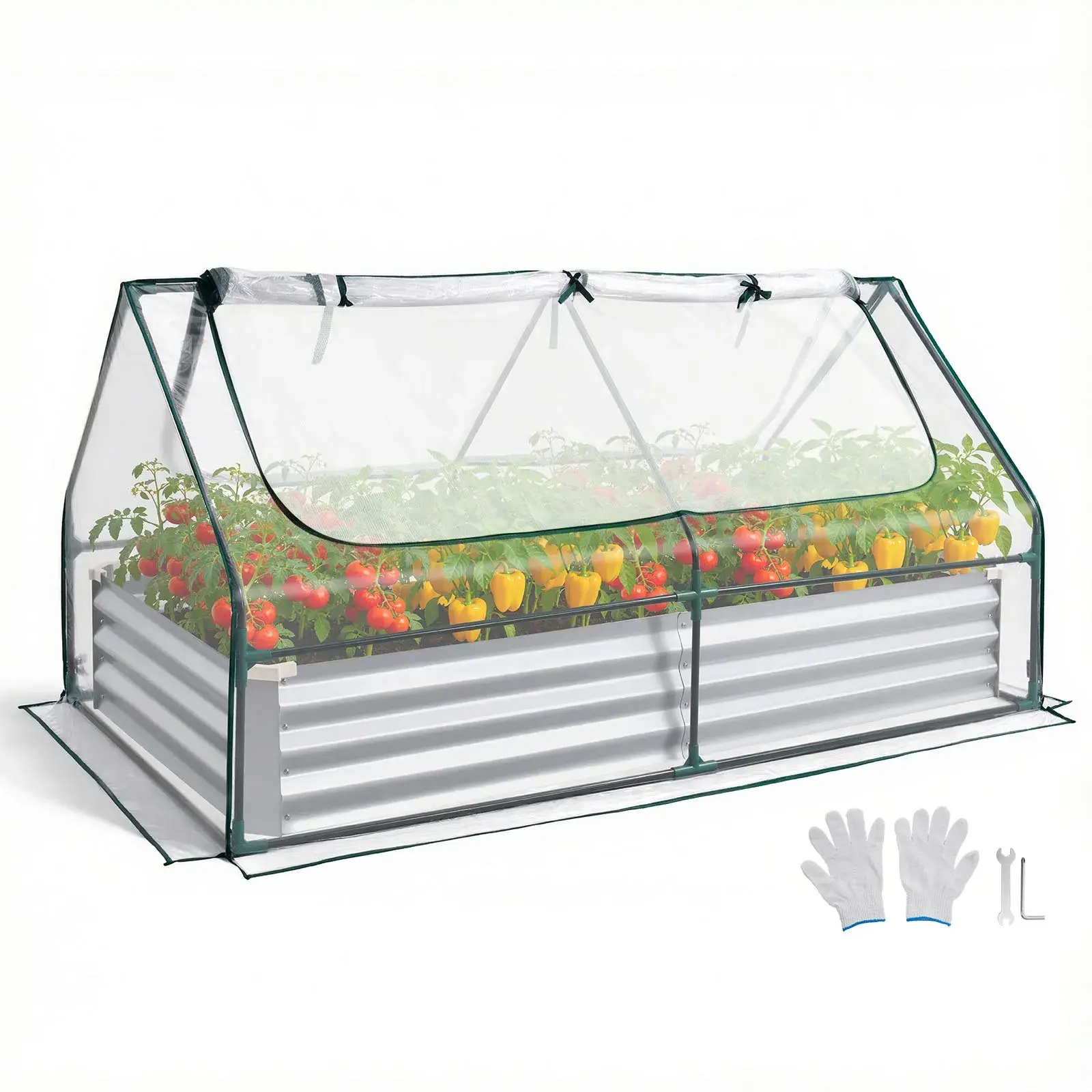 【Summerfinds】VEVOR Raised Garden Beds6x3x1 ft Rectangular Galvanized Metal Planter Box KitRustproof Alu-Zinc Outdoor Garden Pot with PE Greenhouse Cover & Glovesfor Growing Flowers & VegetablesSilver, Raised Planter Boxes, Flower Bed Boxes