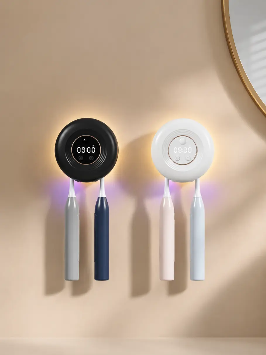 Wall-Mount UVC Toothbrush Sterilizer & Dryer - Multifunctional Smart Holder, 2-Person Bathroom Organizer with Night Light, Digital Clock, Hot Air Drying, No-Drill Installation, Sanitizes Toothbrushes