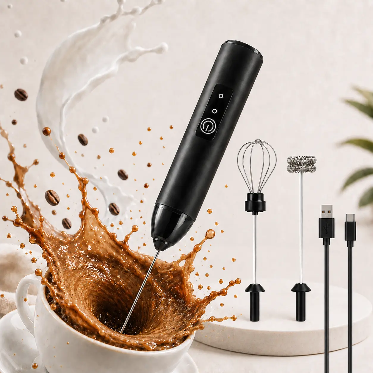 USB-C Rechargeable 3-Speed Milk Frother - Handheld Drink Mixer with 2 Detachable Whisks for Coffee, Matcha & Latte