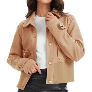 ESCALIER Women's Faux Suede Cropped Bomber Jacket - Lightweight Long Sleeve Button-Down Fall Outerwear Tops with Pockets, Casual Fabric tiktokshopspringglowup
