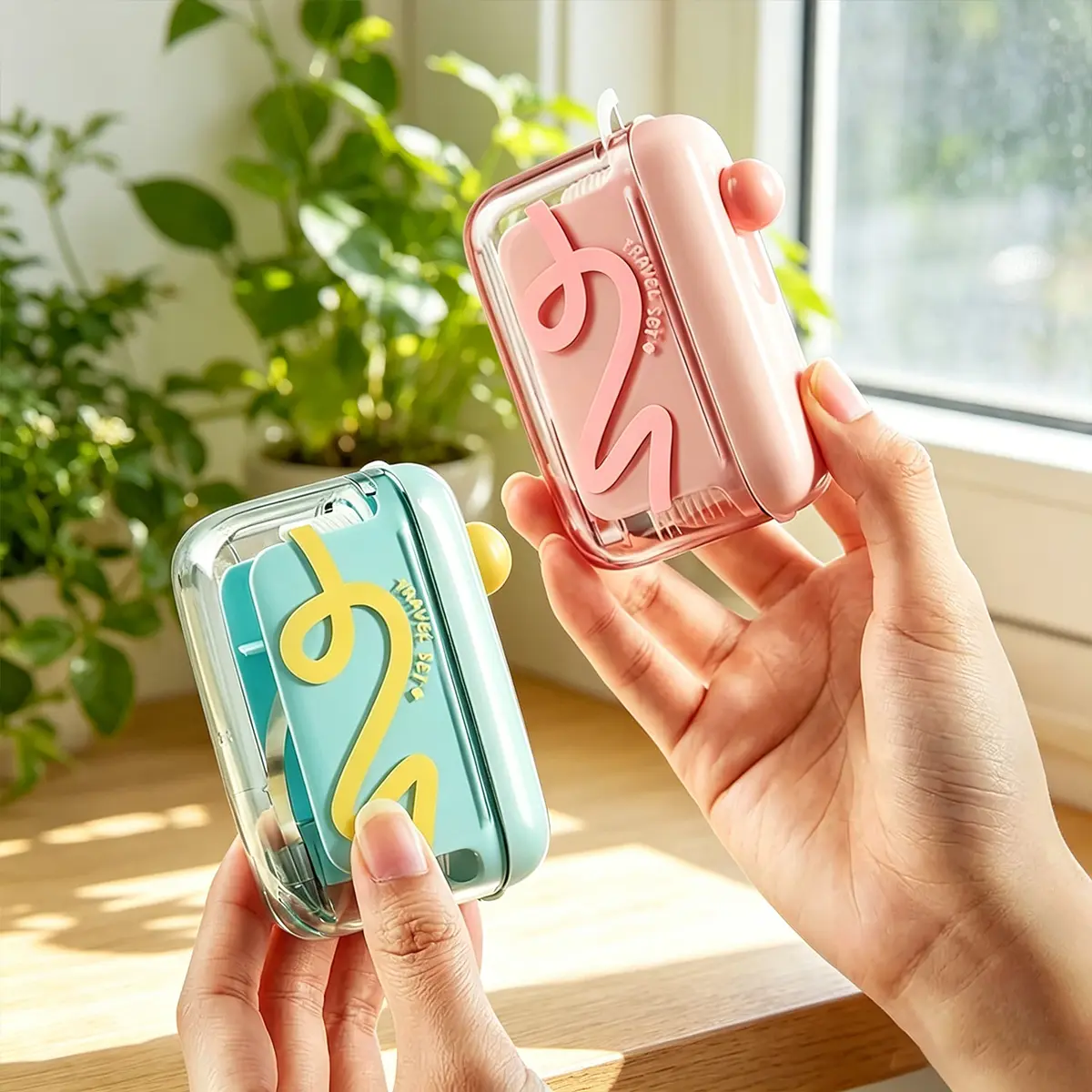 Automatic Pop-Up Portable Floss Dispenser, Travel Sized Storage Case Pop Up Dispenser for Floss Picks, Floss Pick Dispenser One Touch, On-The-Go Oral Care (Green, Pink)