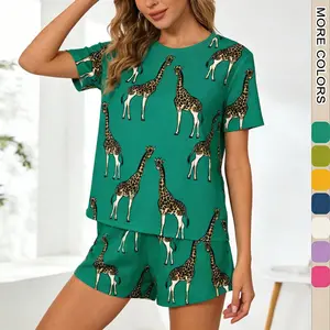 Women's 2-Piece Giraffe Print Pajama Set, Soft Polyester-Spandex Knit Fabric, Long/Shortsleeve Crew Neck Top & Elastic Waist Pants, Loose Fit Comfortable Sleepwear, All-Season Animal Theme Loungewear