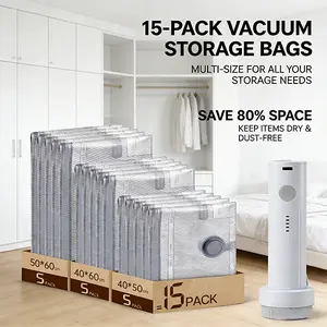 【2026 Upgraded】X7 Cordless Travel Vacuum Storage Compression Bag Set with Rechargeable air Pump 9/15 Pack Waterproof & Reusable Compression Packing Bags for 2 Size,140L/Min Powerful Air Removal，Perfect for Carry-On Suitcases,
