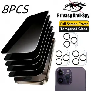 5PCS+3PCS Privacy Screen Protector and Lens Film Set For IPhone 13 PRO MAX 15 16 13 16E 17 14 PROMAX 17AIR 9H hardness, full screen coverage, camera protective case is scratch-resistant, wear-resistant, and impact-resistant