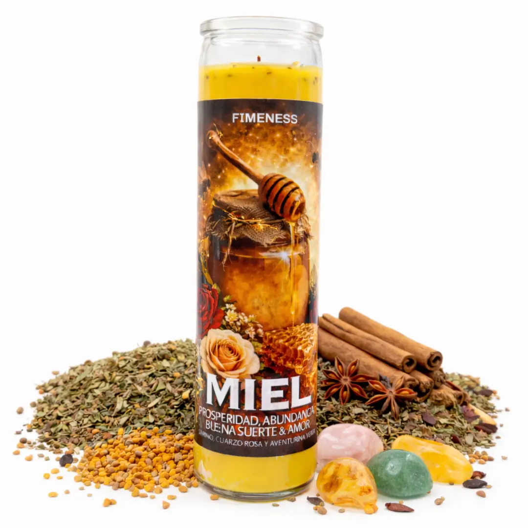 FIMENESS - MIEL (HONEY) SEVEN DAY PRAYER CANDLE - CRYSTAL AND HERB INFUSED