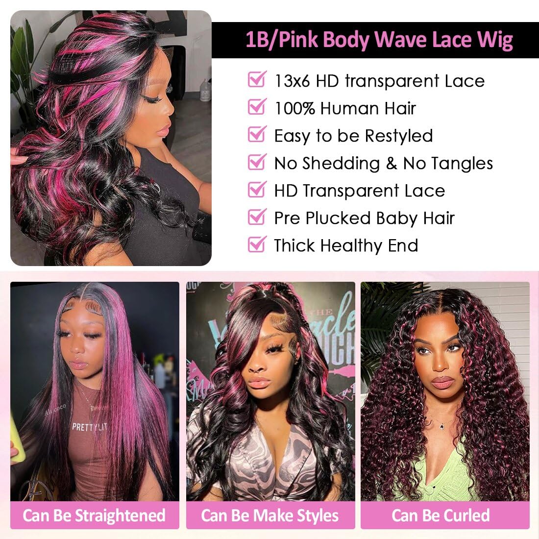 Highlight Ombre Lace Front Wig Human Hair 13x6 Body Wave 1B/Pink Colored Lace Front Wig Human Hair Pre Plucked With Baby Hair Black And Pink Wig Human Hair 200% Density 34 Inch Skunk Stripe Wig