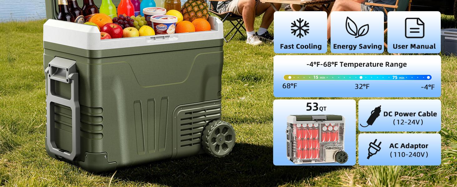 Antarctic Star 12V Portable Refrigerator 50L, 12/24V DC & 100-240V AC, Compressor Fridge Freezer for Car Camping Travel Boat, APP Control, -4°F to 68°F, Electronic Touch Screen，Green