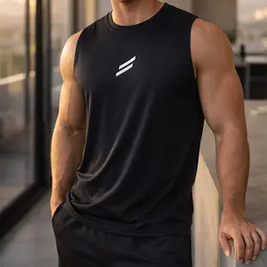 Men’s Sleeveless Athletic Tank Top Crew Neck Workout Training Shirt with Chest Logo