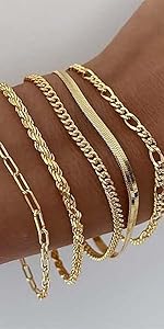 Tewiky Greenish Spring Waterproof Women's Bracelet Set - Trendy Dainty Jewelry Fashion Stackable Tennis Beaded Figaro Herringbone Paperclip Link Bracelet Pack