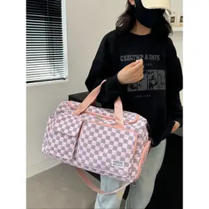 Lightweight Plaid Nylon Luggage Bag, Travel Duffle Bag, Large Capacity Travel Gym Bag with Shoulder Strap, Zipper Compartments, Sporty Design