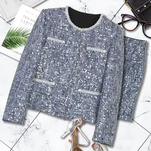 DUSHE Women's 2-Piece Sequin Beaded Jacket & Skirt Set, 2026 Spring-Autumn Chic Fitted Long Sleeve Plain Round Neck Minimalist Basic High-End Socialite Outfit