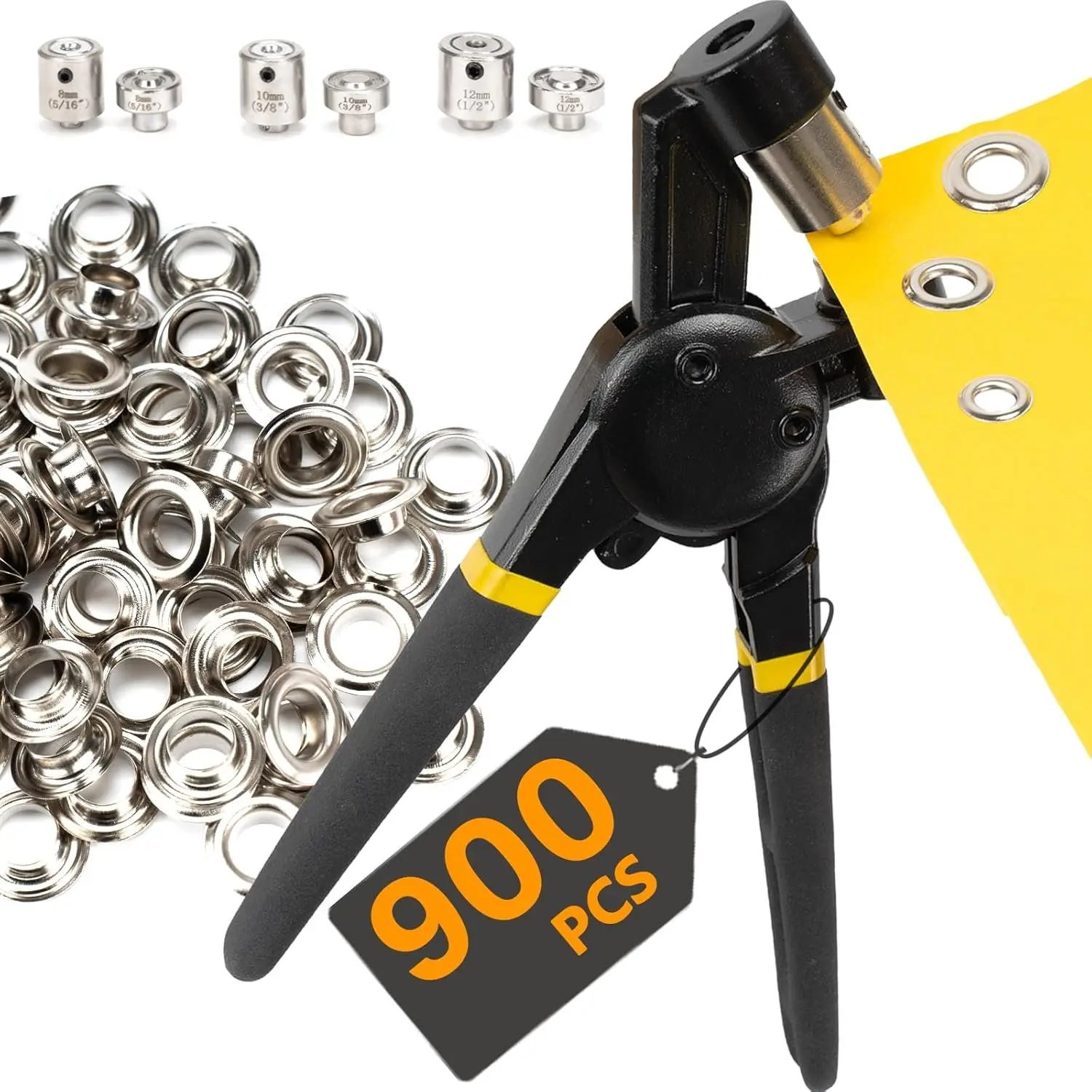 Heavy Duty Multi-Size Interchangeable Grommet Tool Kit - 1/2", 5/16", 3/8" Handheld Eyelet Plier Rivet Press with 900 Rust Resistant Metal Grommets for Tarp, Fabric, Crafters