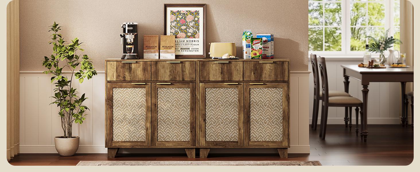 【SPOTLIGHT DAY】ONBRILL Sideboard Buffet Cabinet with 2 Drawers, Coffee Bar Cabinets with 2 Doors, Boho Farmhouse Accent Credenza Buffet Table Console Cabinet with Adjustable Shelves for Living Room, Entryway