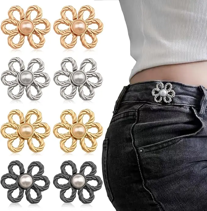 8-Set Black Adjustable Buckle Flower Fasteners - Secure No-Sew Adjustable Strap Haberdashery Accessory, Button & Casual Haberdashery for Loose Pants & Casual Clothing